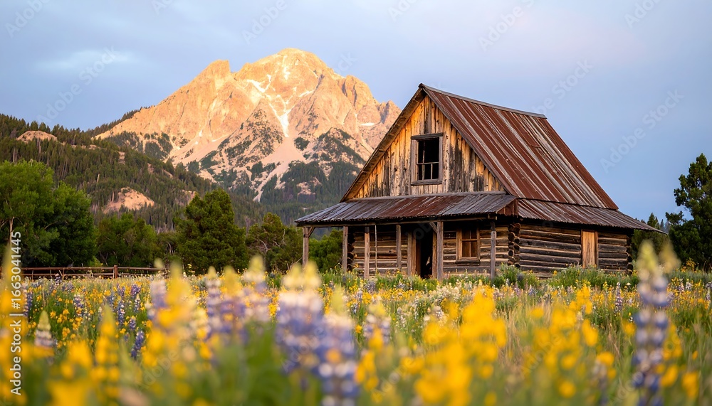 Fototapeta premium Mountain cabin in a field of wildflowers