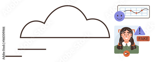 Cloud network alongside charts, AI detecting fake content, warnings, emotive analysis. Ideal for data security, AI processing, digital trust, detection systems, cloud solutions online safety simple