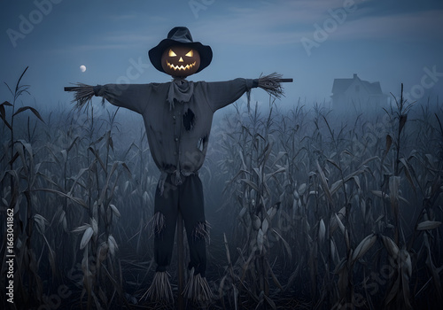 Spooky scarecrow with glowing eyes in a misty cornfield under a full moon, Halloween night atmosphere