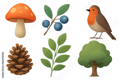 Forest woodland set with two mushrooms, blueberry branch, robin bird, green tree and pine cone isolated on transparent background PNG