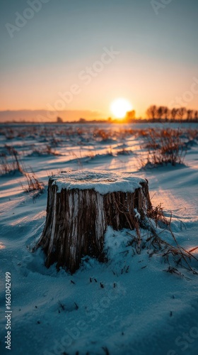 Snowy winter sunset with tree stump