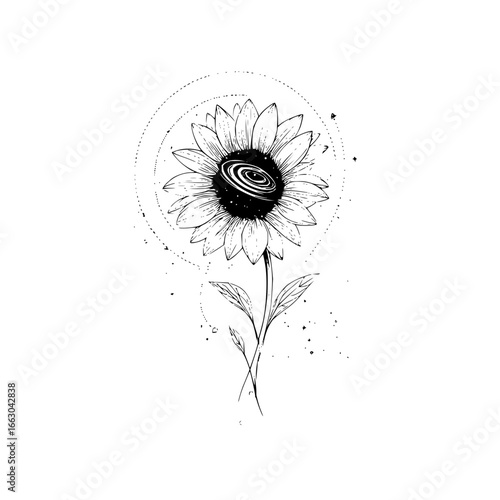 Sunflower galaxy tattoo design black and white floral illustration cosmic flower drawing botanical art print sketch 100