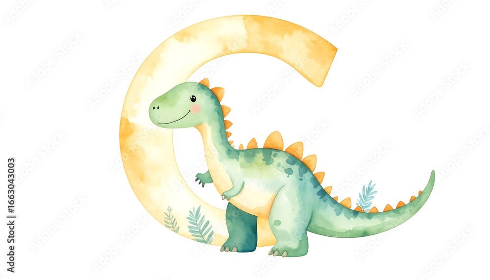 Naklejka premium Cute dinosaur inside a letter C, watercolor style