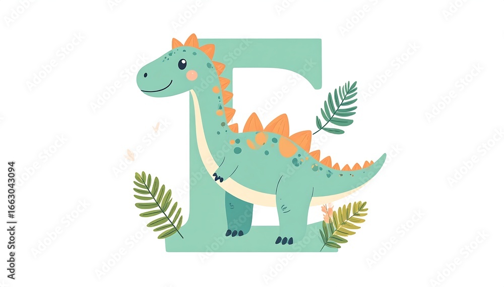 Fototapeta premium Cute dinosaur inside letter E, surrounded by foliage