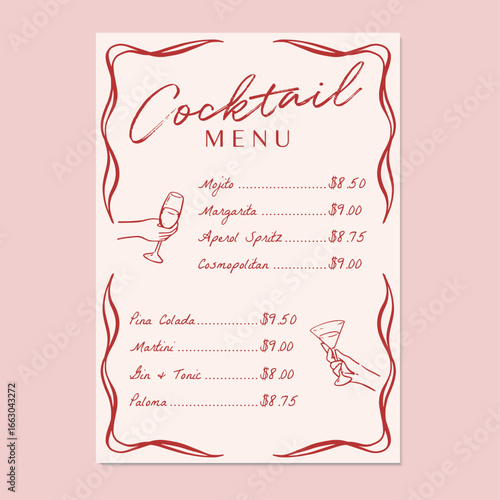 Cocktail menu with price list and hand holding drinks. Vector illustration cocktail menu for restaurant, bar or party.
