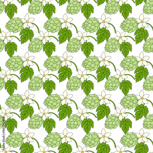 Hop beer seamless pattern. Hops herb plant repeating bakground. Vector illustration