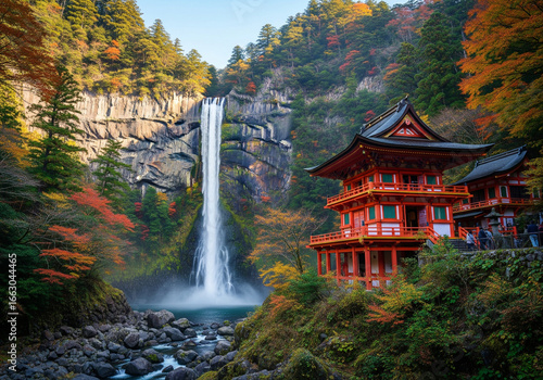 A breathtaking autumn scene featuring Nachi Falls, Japan's tallest single-drop waterfall, alongside the vibrant red pagodas of Seiganto-ji Temple. 