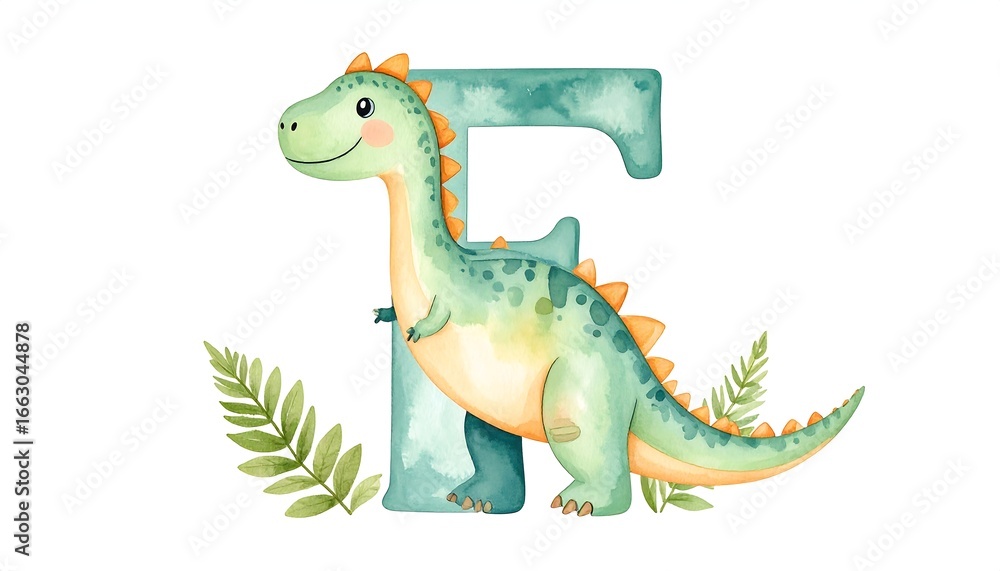 Obraz premium Cute dinosaur letter F, watercolor style