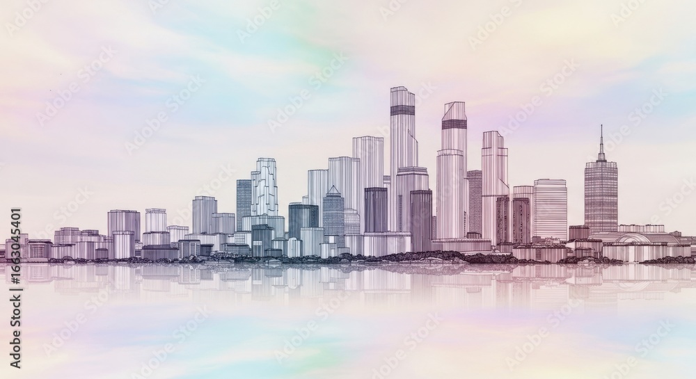 Obraz premium A Colorful Sketch of a Modern City Skyline Reflected in Water