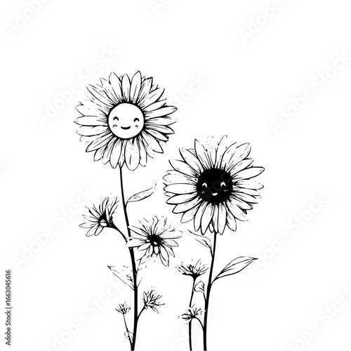 Cute cartoon sunflower drawing vector illustration with happy faces for graphic design and decoration use