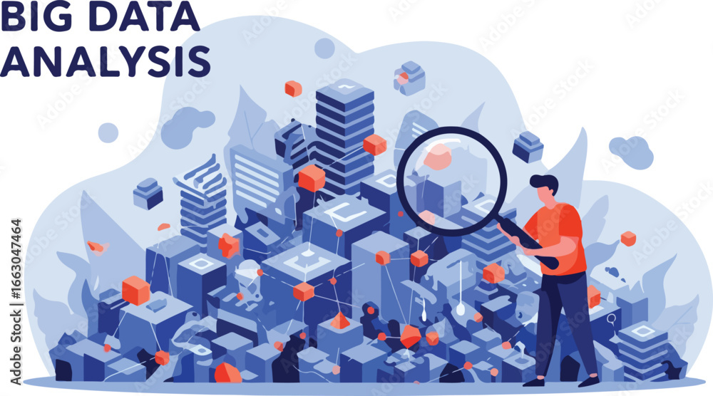 Obraz premium Big Data Analysis Vector with City Buildings and Magnifying Glass