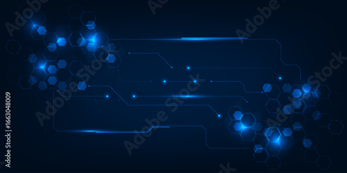 Vector illustration of abstract futuristic background with hi tech circuit patterns and hexagonal geometry network.