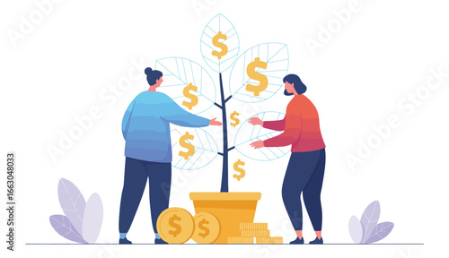 Conceptual illustration of two people nurturing a money tree with dollar signs and coins, symbolizing financial growth, investment, and prosperity