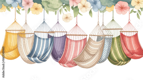 A collection of 8 colorful hammocks arranged in a horizontal layout against a white background 
