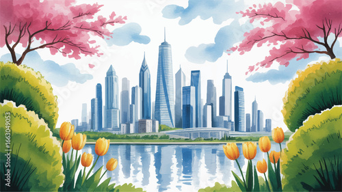 A digital watercolor-style illustration of a modern city skyline viewed from a garden perspective.  (4)_traced