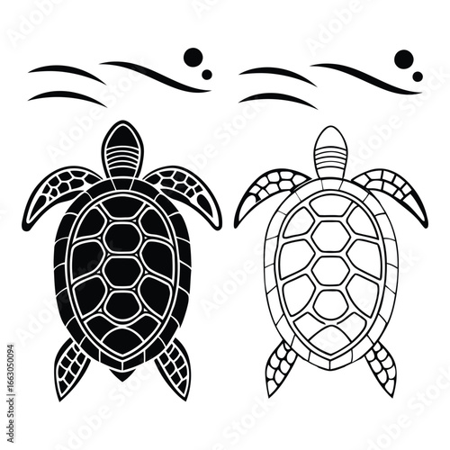 Two stylized sea turtle silhouettes and water waves for marine design elements 