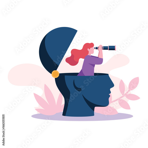 conceptual illustration of woman with telescope inside open head exploring ideas and imagination in profile