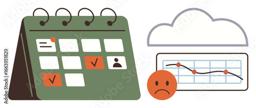 Desk calendar with checkmarks, data chart with downward trend, sad face, and cloud. Ideal for time management, schedule, productivity, deadlines, performance challenges simple flat metaphor