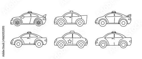 Cartoon style police cars in various designs and angles for creative projects and educational activities