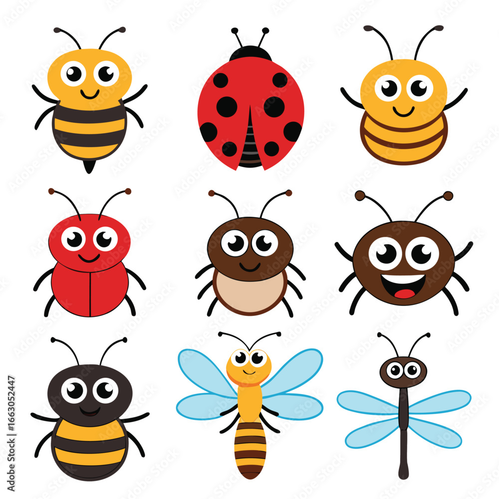 Obraz premium Adorable Cartoon Insects: Happy Bees, Ladybugs, and Dragonflies; Bright, Cheerful Vector Illustration; Perfect for Children's Products.