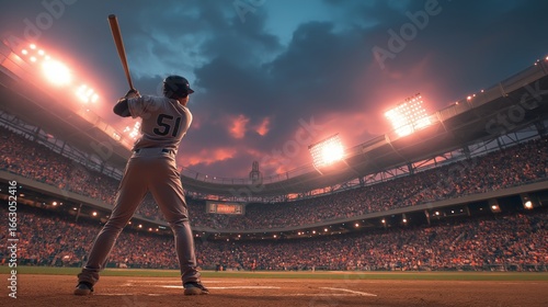 Baseball player preparing to swing at bat under dramatic stadium lights, wide view of crowd in background