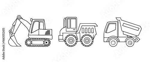 Construction vehicles including excavator, dumper truck, and loader at a building site during daylight