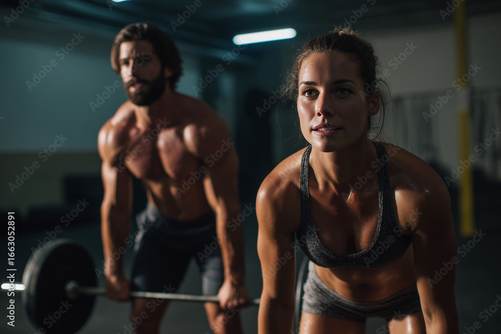 Fototapeta premium Focused young athletic man and woman lifting weights together in a dimly lit gym during intense workout session
