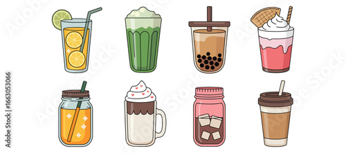 Illustration of eight colorful drinks including bubble tea, smoothies, coffee, and lemonade, symbolizing beverage variety and refreshment culture