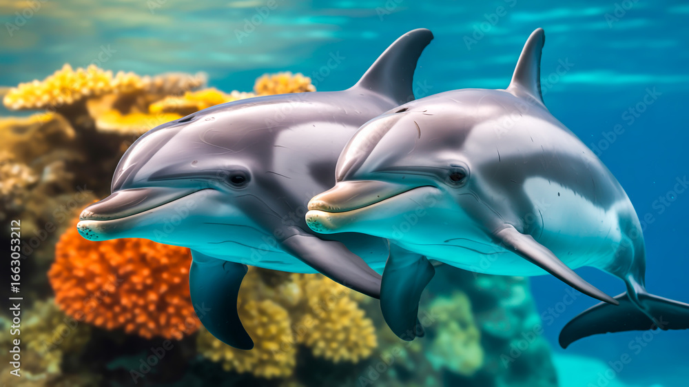 Obraz premium A close-up underwater photograph of two Bottlenose dolphins swimming side by side against a vibrant coral reef backdrop