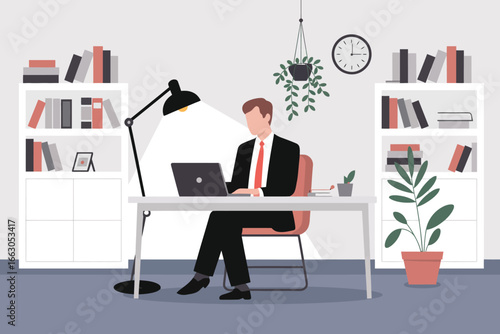 Illustration of person in suit working at laptop in organized office with bookshelves, plants, and decor, symbolizing productivity and workspace design
