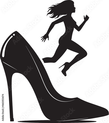 Woman escaping high heel shoe running forward vector silhouette