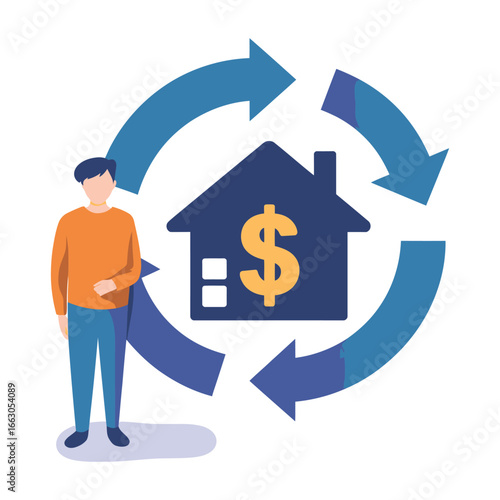 Illustration of person beside house with dollar sign and circular arrows, symbolizing real estate finance and property investment cycles