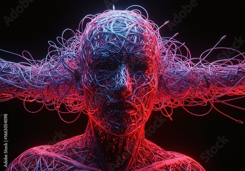 The tangled consciousness of an AI, a cybernetic humanoid figure formed from a chaotic web of glowing digital wires symbolizing data, network, and noise