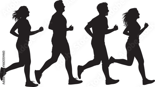 Group of men and women running together vector silhouette