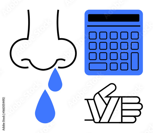 Nose dripping water, bandaged hand, and calculator suggesting illness, injuries, expense management, or decisions. Ideal for healthcare, finance, insurance recovery health planning expenses