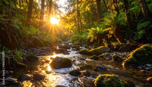 Sunlight streams through lush forest, illuminating a babbling brook