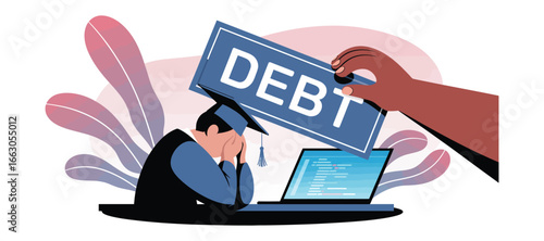 Illustration of distressed graduate with “DEBT” sign overhead, symbolizing student loan burden, financial stress, and post-education challenges