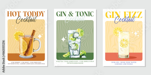 Set of 3 Cocktails retro poster. Hot toddy, Gin fizz, Gin and tonic. Collection of popular alcohol drinks. Vintage style vector illustrations, bar, pub, restaurant, kitchen wall art
