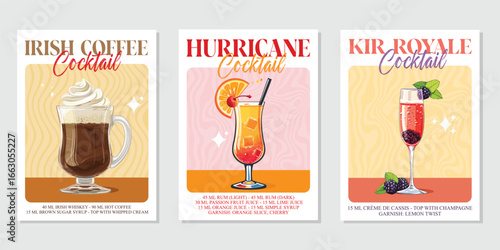 Set of 3 Cocktails retro poster. Hurricane, Irish, Kir royale. Collection of popular alcohol drinks. Vintage style vector illustrations, bar, pub, restaurant, kitchen wall art