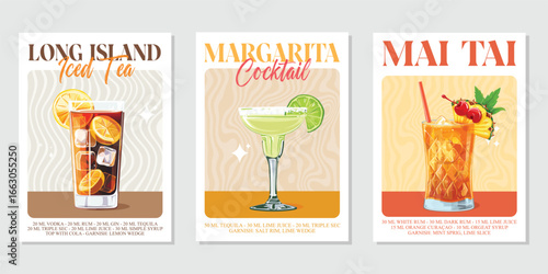 Set of 3 Cocktails retro poster. Long Island iced tea, Mai Tai, Margarita. Collection of popular alcohol drinks. Vintage style vector illustrations, bar, pub, restaurant, kitchen wall art