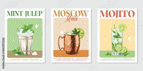 Set of 3 Cocktails retro poster. Mojito, Moscow mule, Mint julep. Collection of popular alcohol drinks. Vintage style vector illustrations, bar, pub, restaurant, kitchen wall art