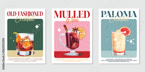 Set of 3 Cocktails retro poster. Paloma, Old fashioned, Mulled wine. Collection of popular alcohol drinks. Vintage style vector illustrations, bar, pub, restaurant, kitchen wall art