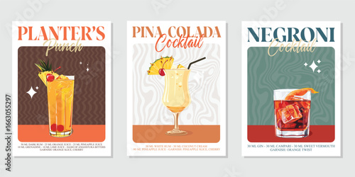 Set of 3 Cocktails retro poster. Planter’s punch, Pina colada, Negroni. Collection of popular alcohol drinks. Vintage style vector illustrations, bar, pub, restaurant, kitchen wall art