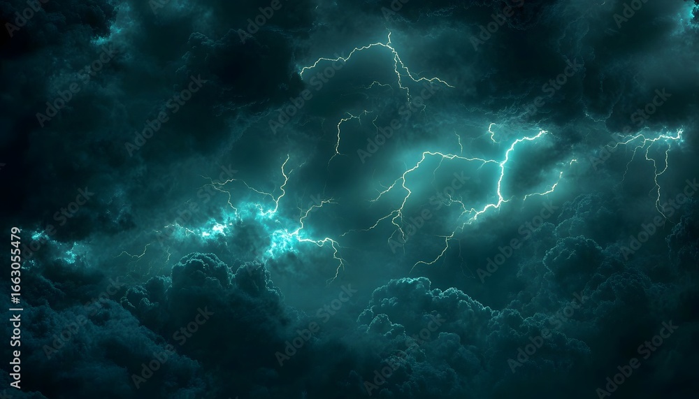 Obraz premium Power strikes, turquoise lightning, dark sky.
