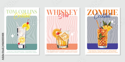 Set of 3 cocktails retro posters. Tom collins, whiskey sour, zombie cocktails. Collection of popular alcohol drinks. Vintage style vector illustrations, bar, pub, restaurant, kitchen wall art