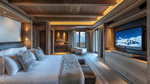 Wallpaper Mural Luxurious alpine suite. Bedroom with wood paneling, mountain view, TV, soft furnishings. Modern comfort meets scenic beauty Torontodigital.ca