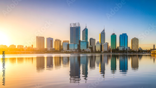 A panoramic cityscape photograph of Perth, Australia at sunrise, captured from across the Swan River