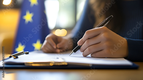 Woman signing an agreement with the european union flag in the background in a bright office setting