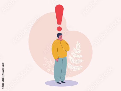 Illustration of person with hand on chin and red exclamation mark overhead, symbolizing realization, urgency, and thoughtful decision-making