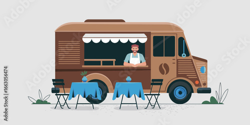 Illustration of brown coffee truck with tables and chairs, symbolizing mobile café culture, outdoor dining, and cozy urban refreshment